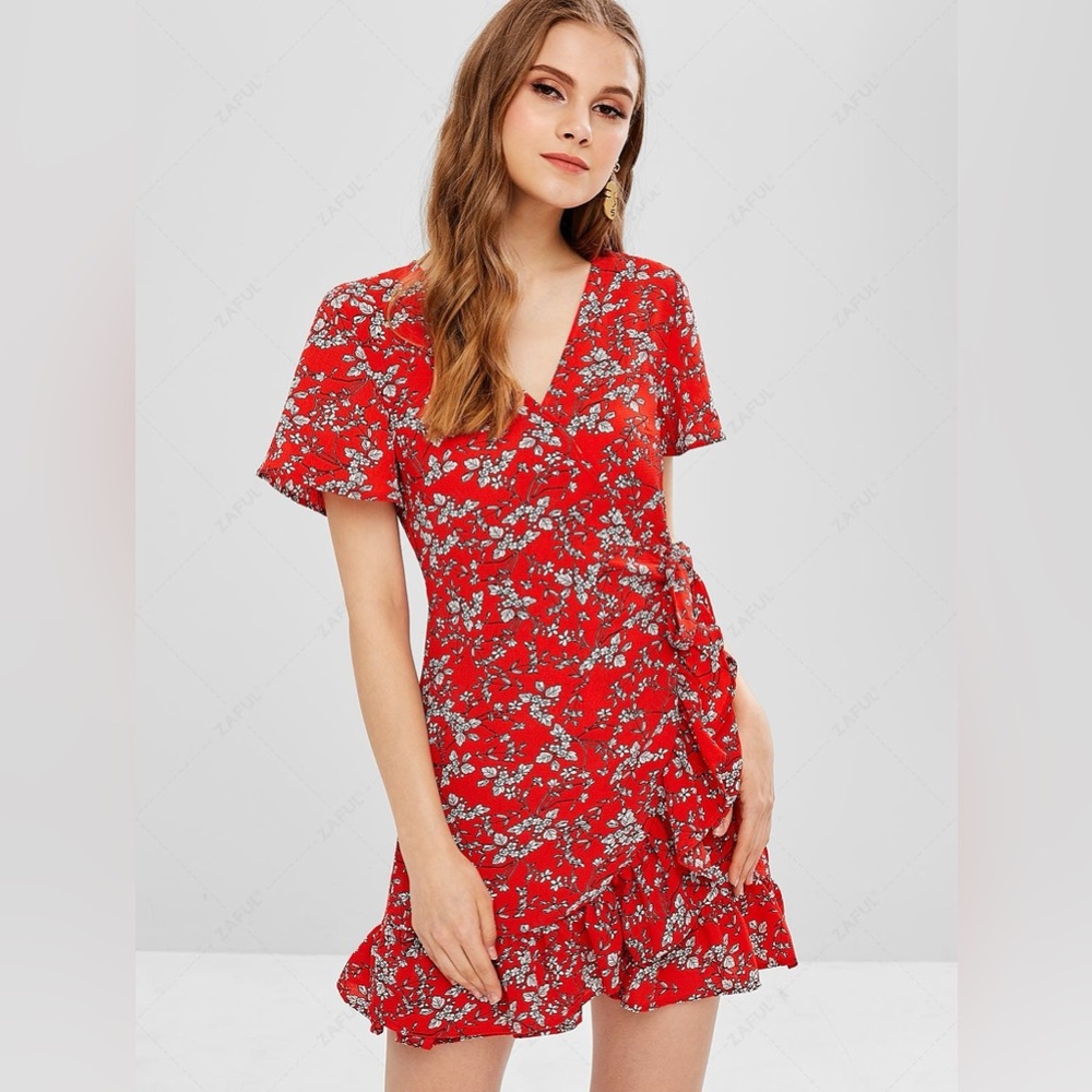 Red Floral Wrap Mini Dress - Women's Short Sleeve